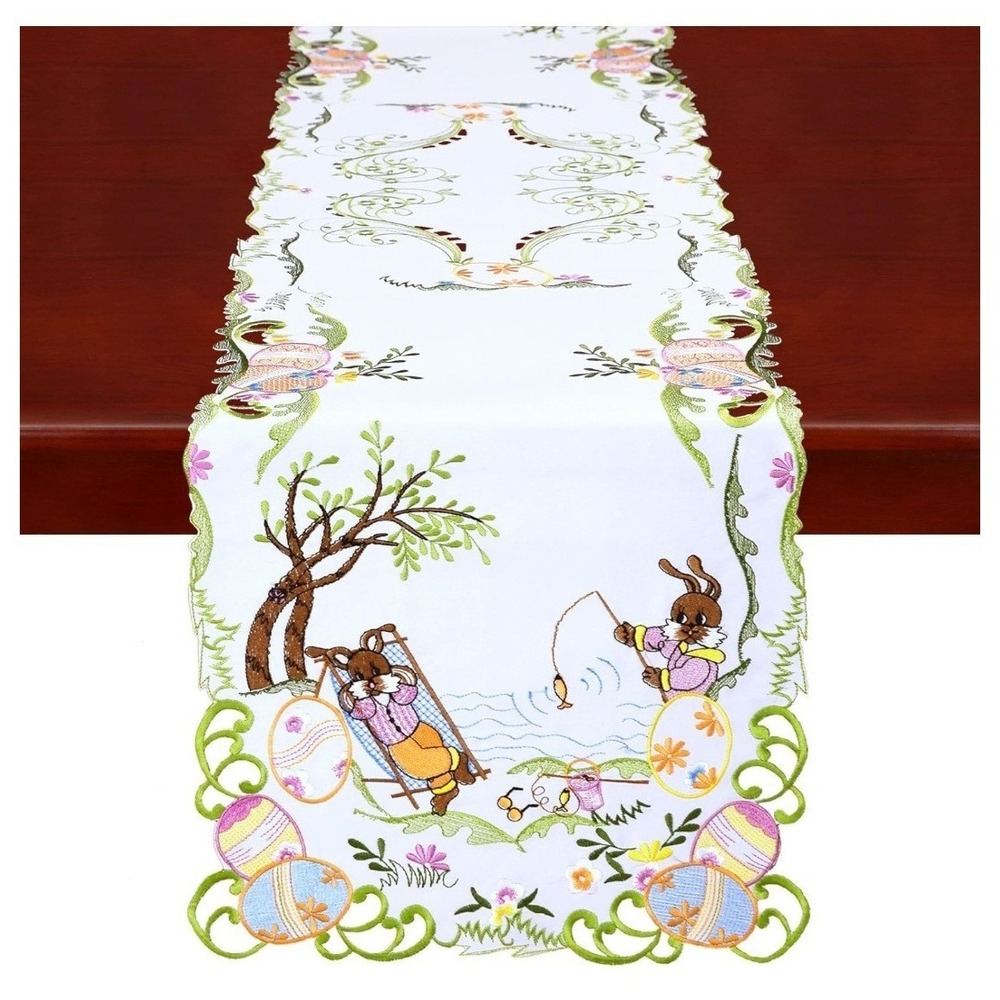 Lot Of 2 New Easter Table Runner 14x68 Bunny/Rabbits Eggs Embroidered